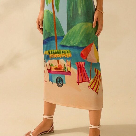 Multicolor Boho Women's Tropical Beach Print Sleeveless Split Hem Midi Dress - Picture 5 of 7